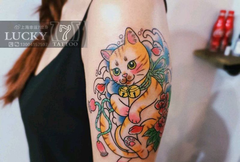 猫猫咪纹身|幸运7纹身纹身图片_手臂Old School纹身图案
