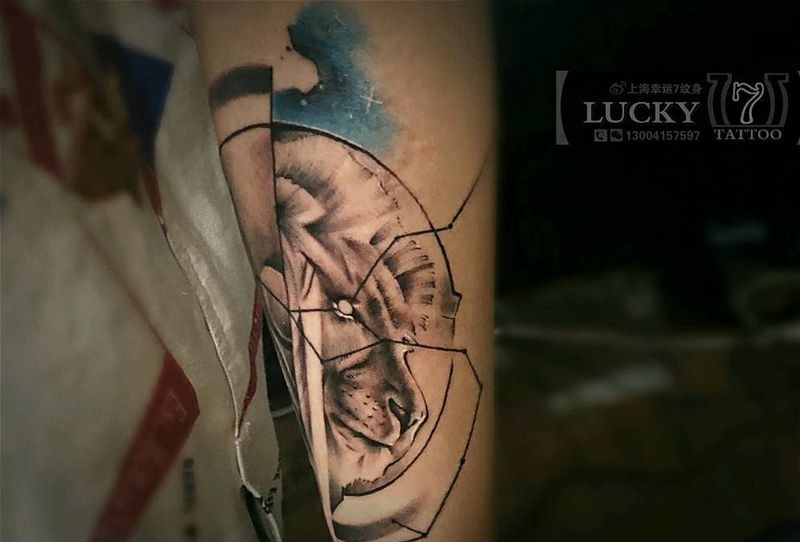 狮子|幸运7纹身纹身图片_手臂黑灰纹身图案