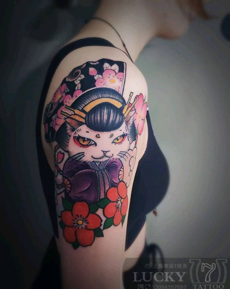 艺妓招财猫|幸运7纹身纹身图片_手臂New School纹身图案