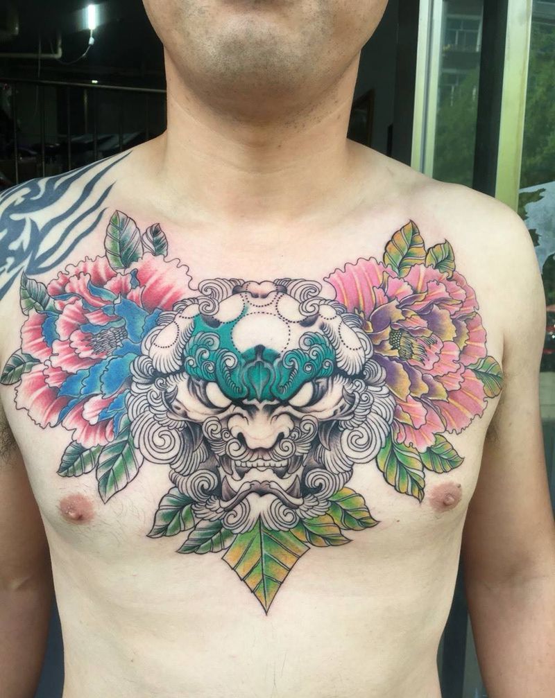 彩色唐狮纹身图片