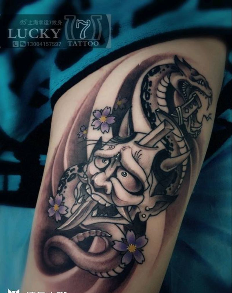 新传统|般若|幸运7纹身纹身图片_腿部传统鬼神成品纹身图案
