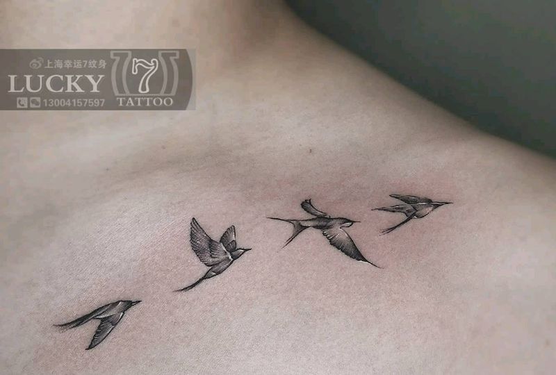飞鸟|幸运7纹身纹身图片_锁骨小清新纹身图案