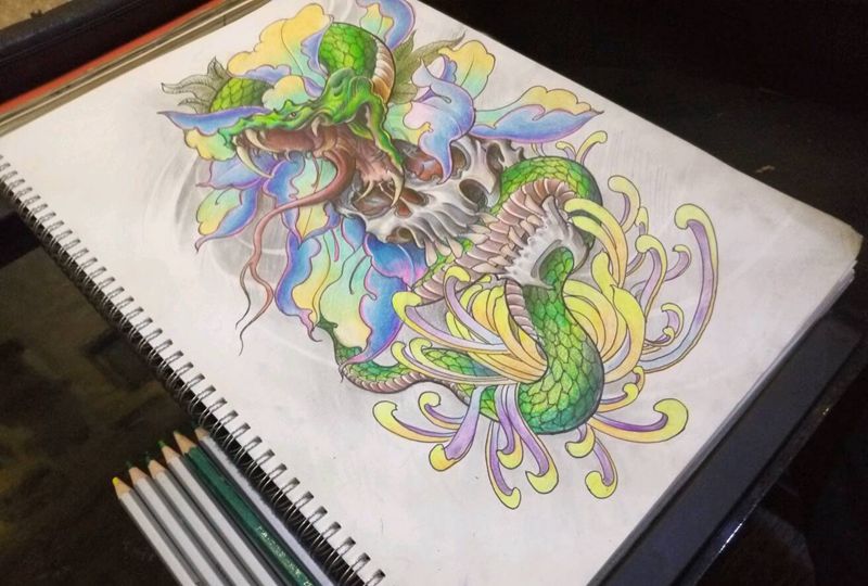 蛇与骷髅手稿纹身图片_手稿纹身图案