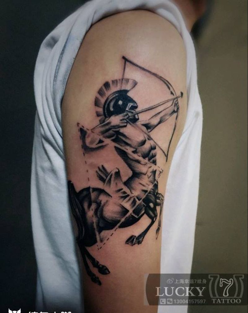 人马射手座|幸运7纹身纹身图片_手臂欧美黑灰成品纹身图案