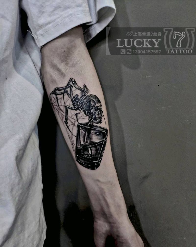 骷髅|蜘蛛|酒杯|幸运7纹身纹身图片_手臂暗黑纹身图案