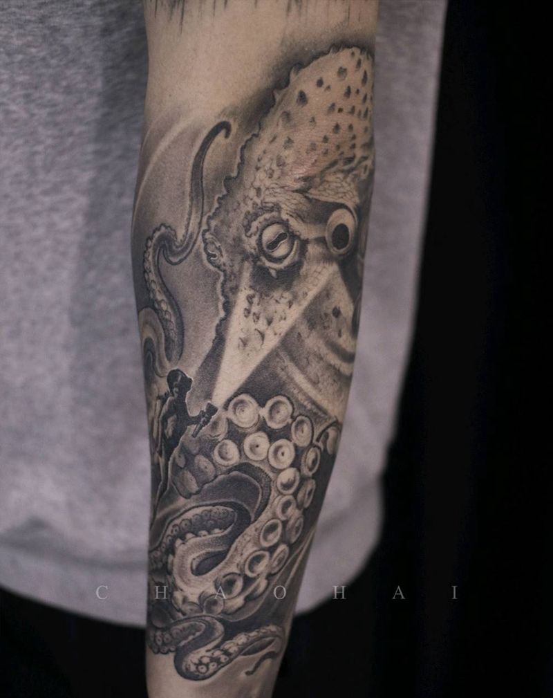 章鱼 怪物纹身图片_手臂欧美写实章鱼纹身图案