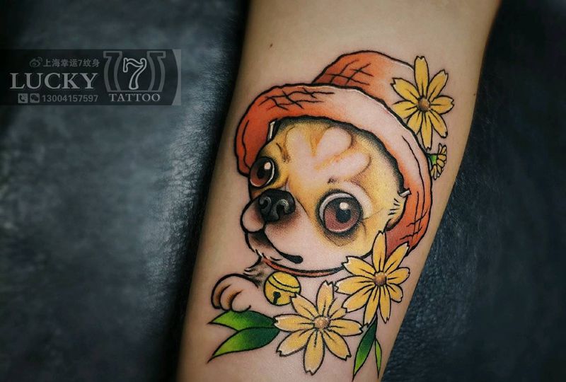 小狗头像|幸运7纹身纹身图片_手臂New School纹身图案