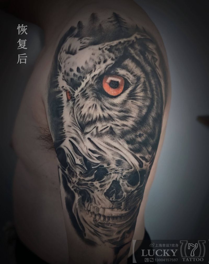 猫头鹰|骷髅|幸运7纹身纹身图片_手臂欧美写实恢复后纹身图案