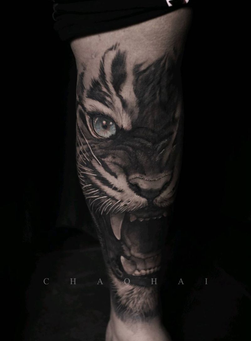 老虎 鲨鱼纹身图片_腿部欧美写实老虎鲨鱼纹身图案