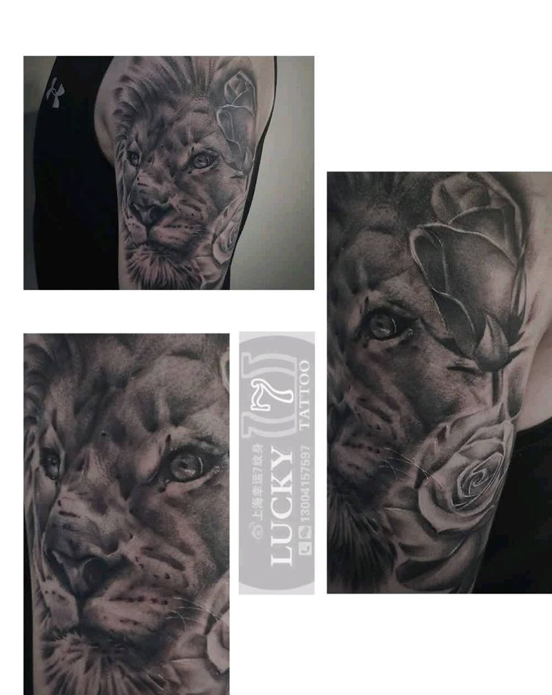 狮子|玫瑰|幸运7纹身纹身图片_手臂欧美写实纹身图案
