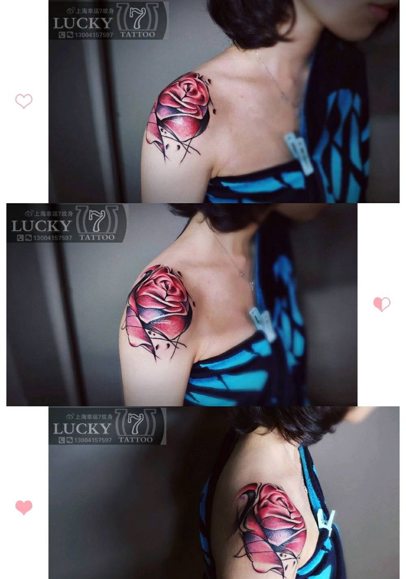 玫瑰|泼墨|肩花|幸运7纹身纹身图片_肩部水彩纹身图案
