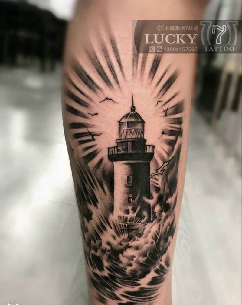 黑灰灯塔|幸运7纹身纹身图片_欧美写实小腿纹身图案