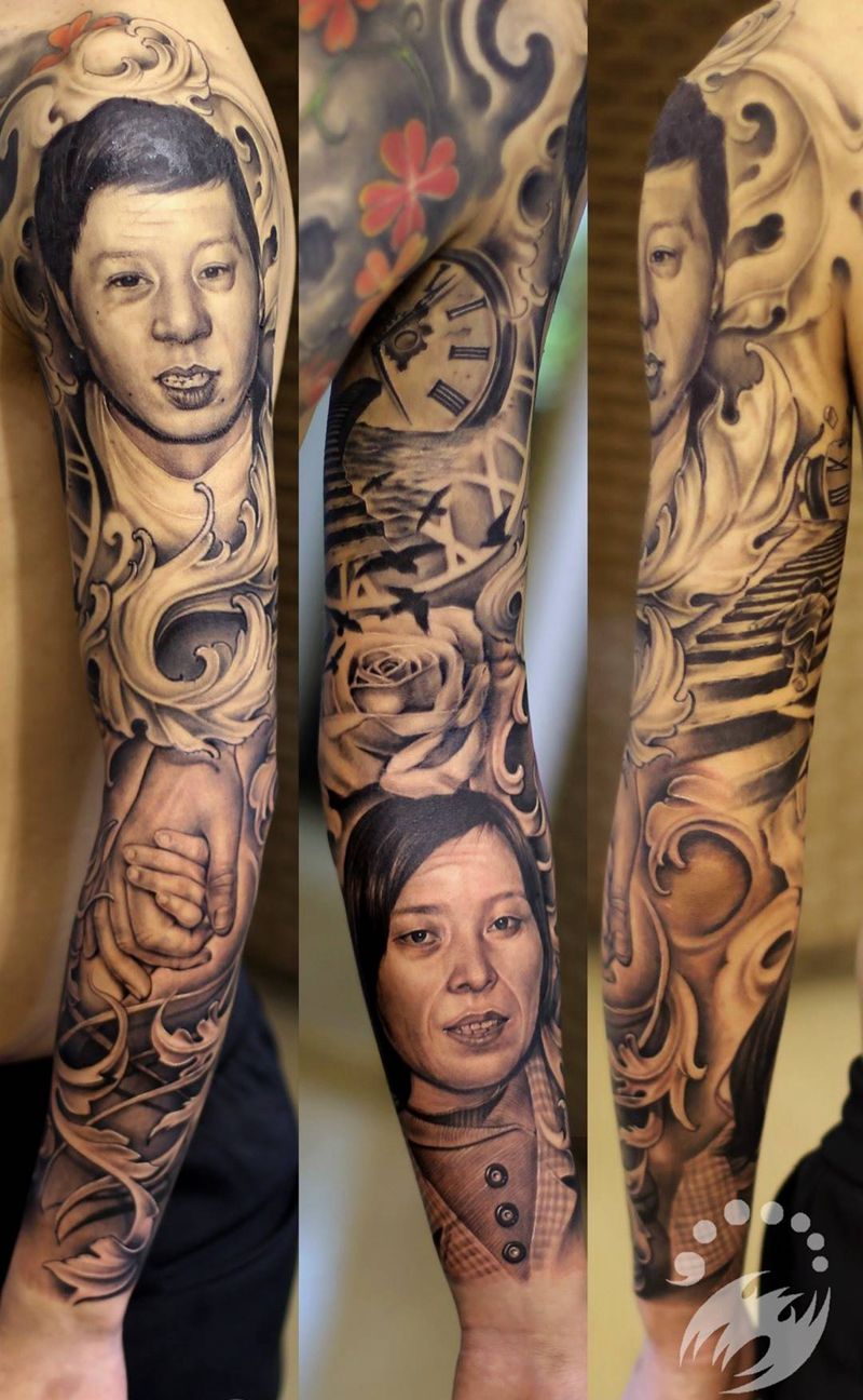花臂黑灰肖像作品by阿开纹身图片