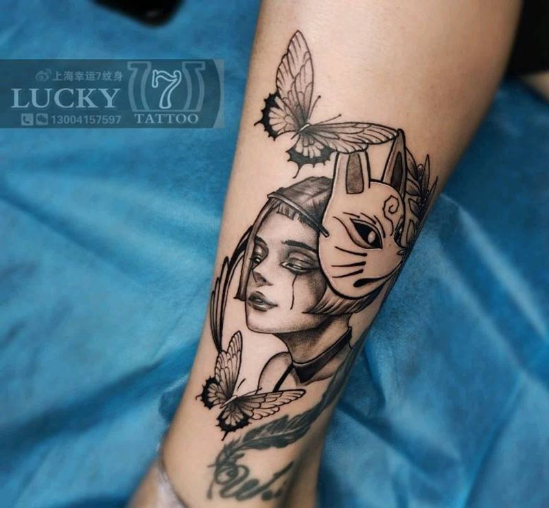 狐面少女|幸运7纹身纹身图片_脚踝纹身图案