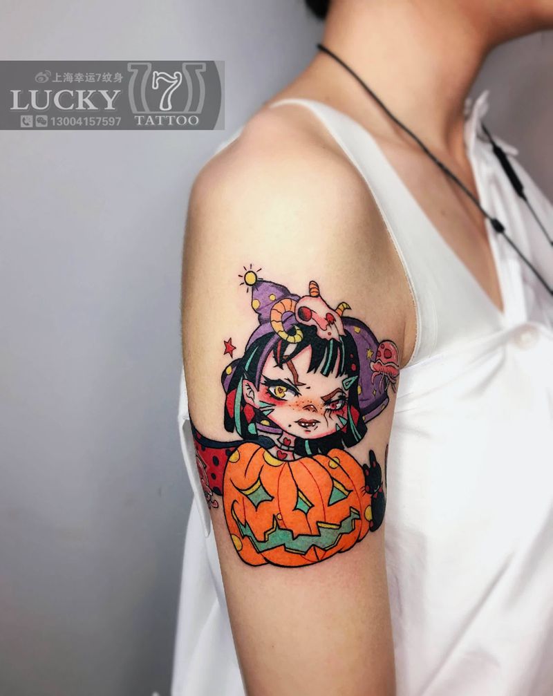 小魔女|幸运7纹身纹身图片_手臂New School纹身图案