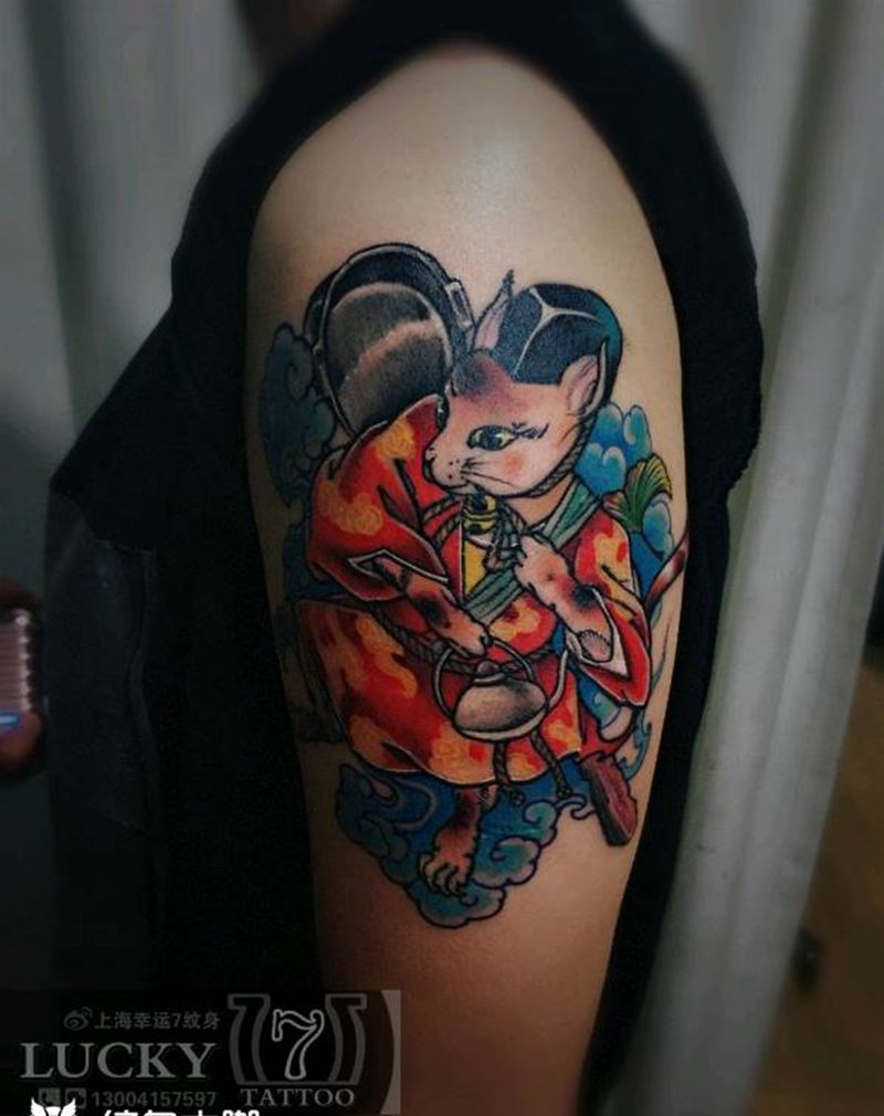 咖啡|猫|幸运7纹身纹身图片_手部欧美原创彩色成品纹身图案