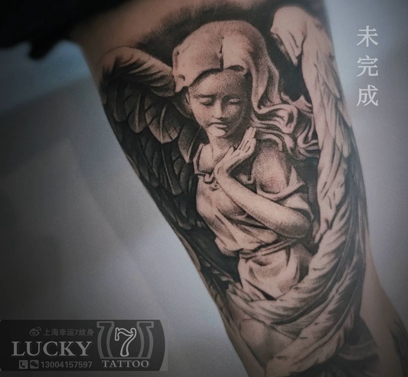 石膏像|守护天使|幸运7纹身纹身图片_手臂欧美写实未完成纹身图案