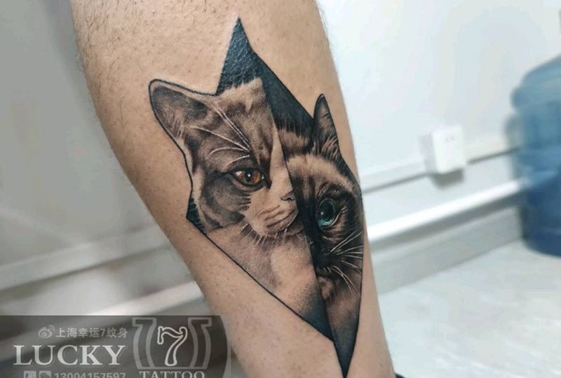 猫|幸运7纹身纹身图片_欧美写实小腿纹身图案
