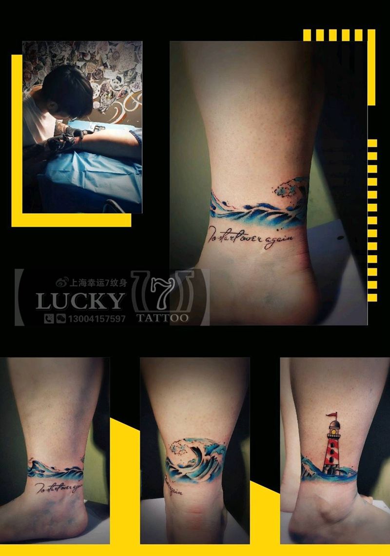浪花|灯塔|脚环|幸运7纹身纹身图片_腿部彩色成品纹身图案