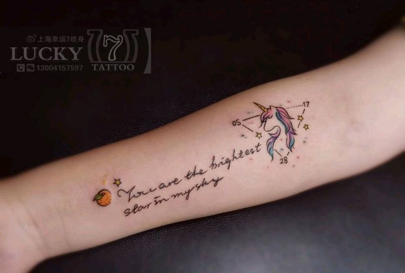 独角兽|小字母|幸运7纹身纹身图片_手臂水彩小清新纹身图案