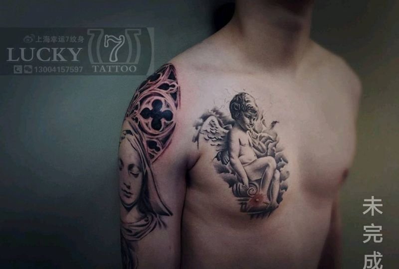 欧美半胛|写实|幸运7纹身纹身图片_手臂胸部欧美写实未完成纹身图案