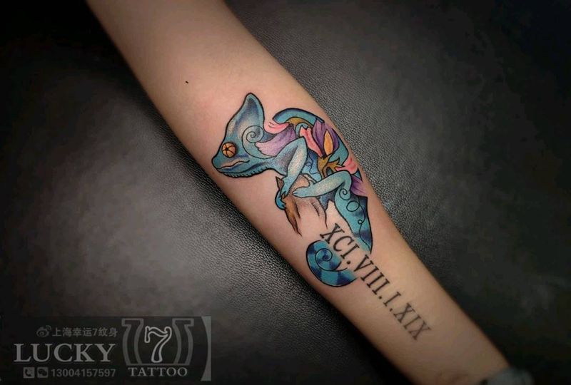 变色龙|幸运7纹身纹身图片_手臂New School纹身图案