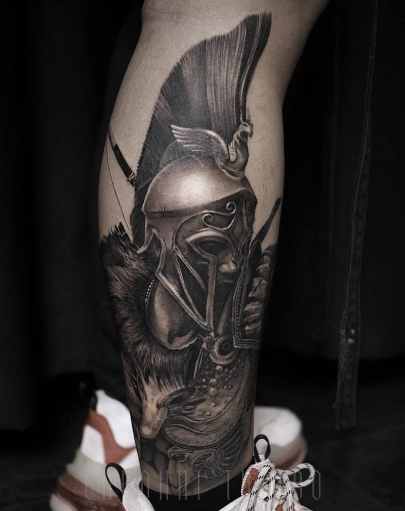 斯巴达纹身图片_腿部脚部欧美写实纹身图案