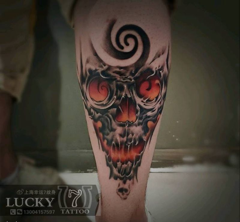 火焰骷髅|幸运7纹身纹身图片_小腿暗黑欧美纹身图案