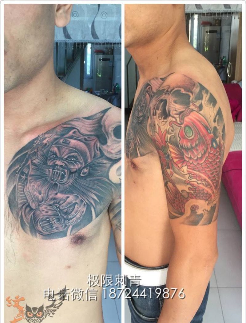 半甲纹身图片_成品胸部肩部传统人物动物纹身图案