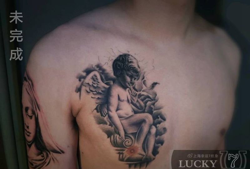 欧美|黑灰|天使|圣母|半胛纹身图片_手臂胸部欧美写实纹身图案