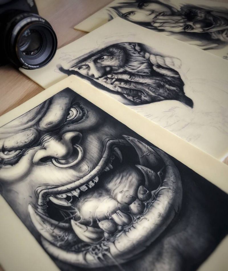 雕金堂往期优秀学员作品评估：齐齐哈尔-王旭. 辽宁-刘硕. 云南-叶子.纹身图片_成品手稿欧美清新传统写实肖像原创鬼神手臂纹身图案