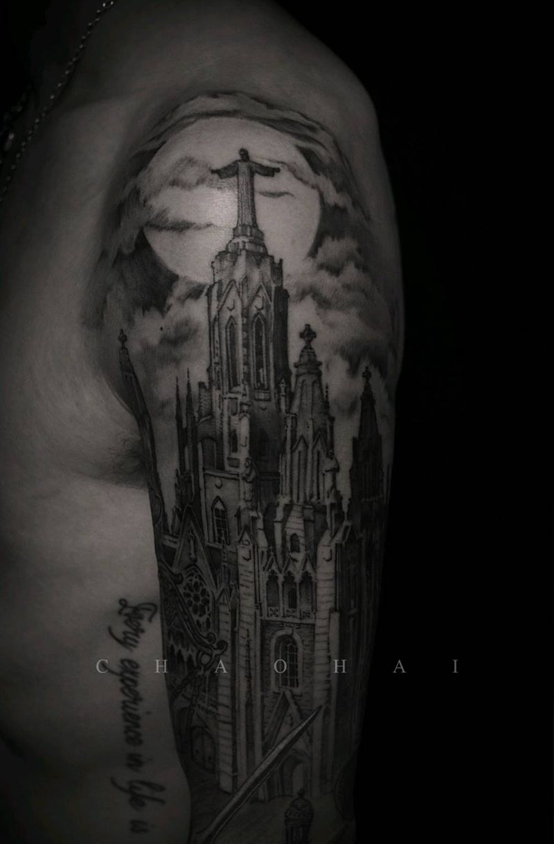 教堂 天秤座 眼睛纹身图片_手臂欧美写实纹身图案