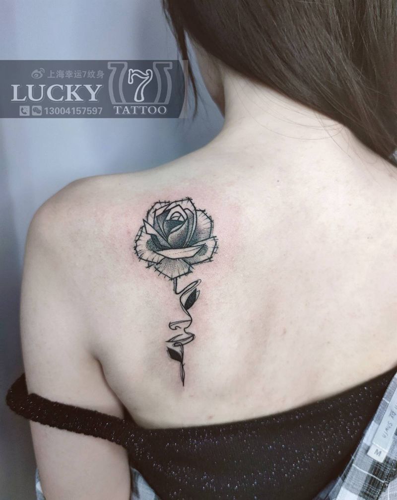 简笔玫瑰|幸运7纹身纹身图片_背部点刺纹身图案