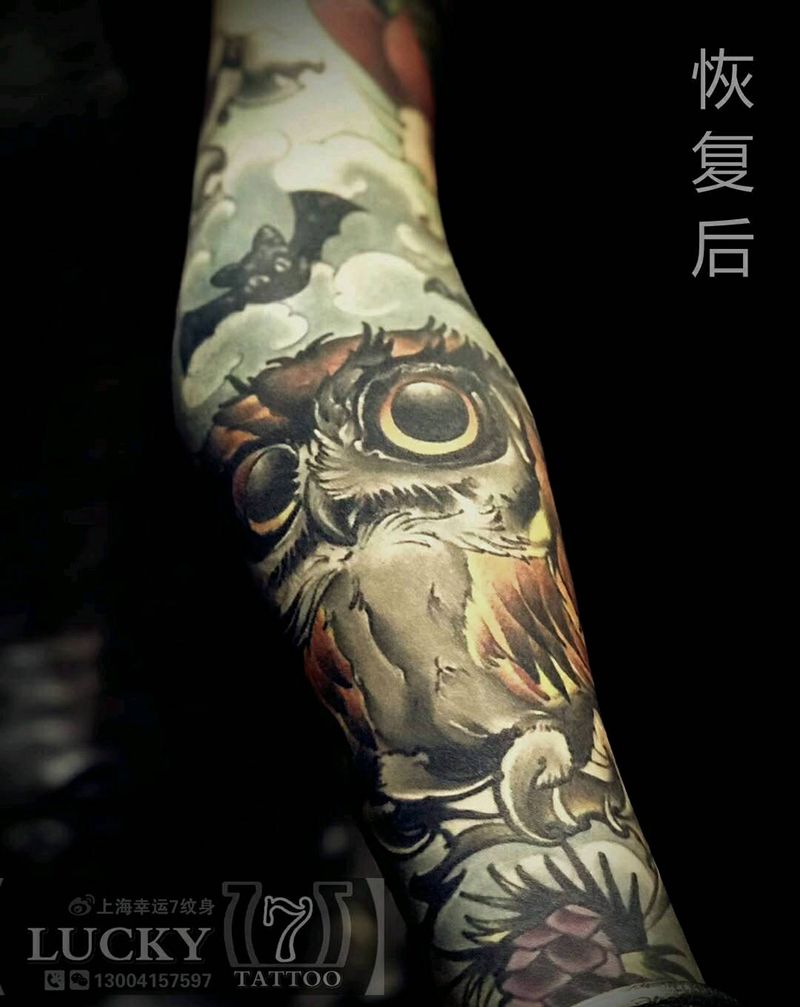 猫头鹰|幸运7纹身纹身图片_手臂New School恢复后纹身图案