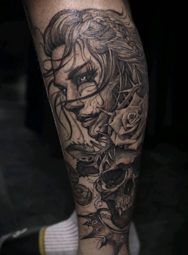 小腿 人物 狼 骷髅 玫瑰写实纹身图片_腿部欧美写实人物狼骷髅纹身图案