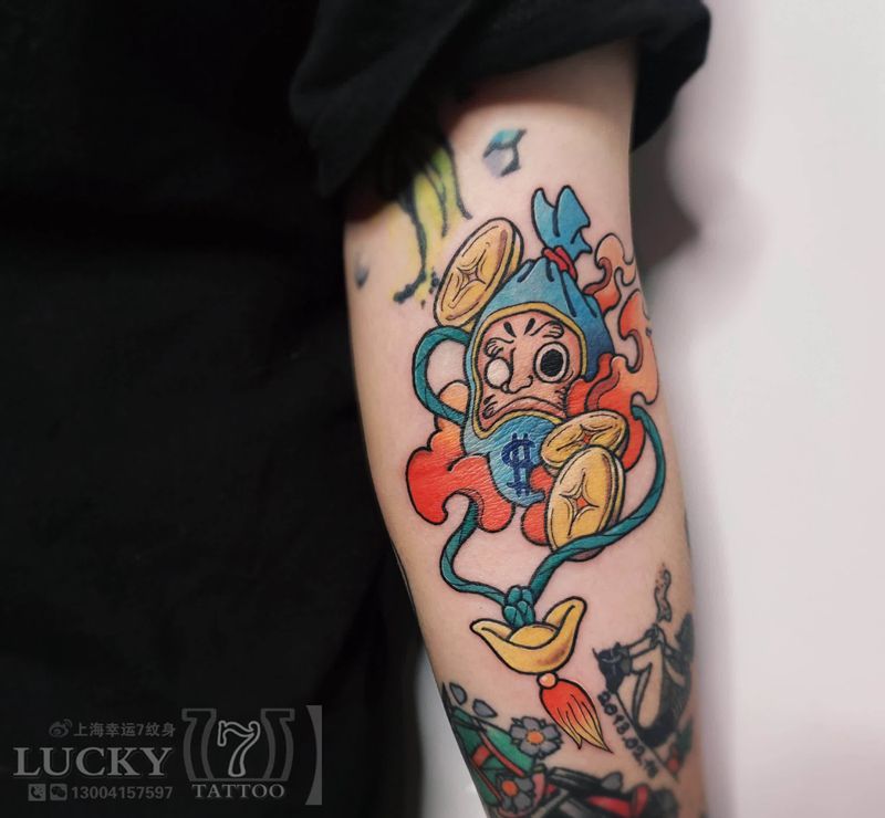 招财小达摩|幸运7纹身纹身图片_手臂New School纹身图案