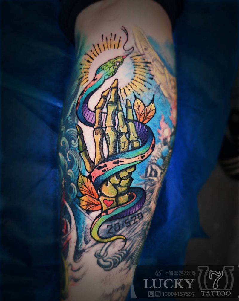 骷髅手|蛇|幸运7纹身纹身图片_New School小腿纹身图案