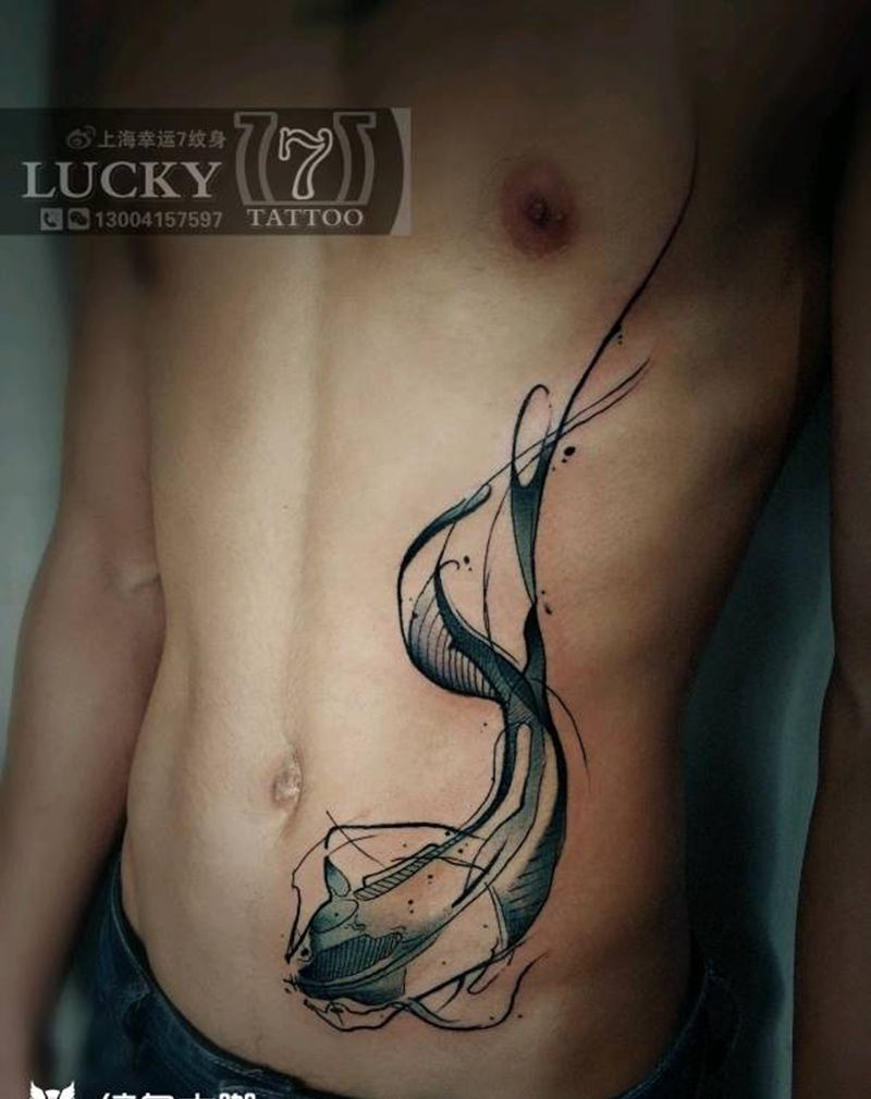 抽象泼墨|鱼纹身|幸运7纹身纹身图片_腹部欧美泼墨成品纹身图案