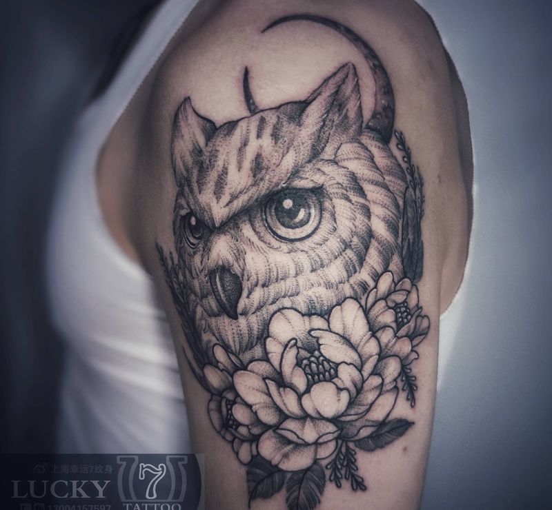 猫头鹰|幸运7纹身纹身图片_手臂甩针黑灰纹身图案