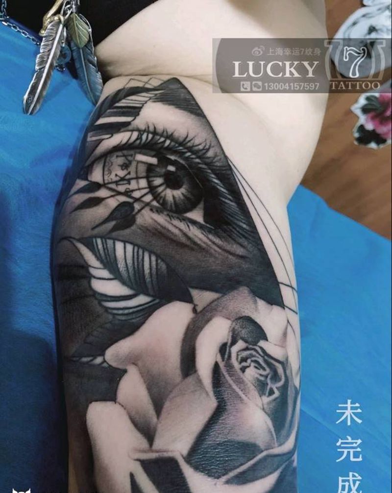 未完成|黑灰包臂|幸运7纹身纹身图片_手臂欧美写实未完成纹身图案