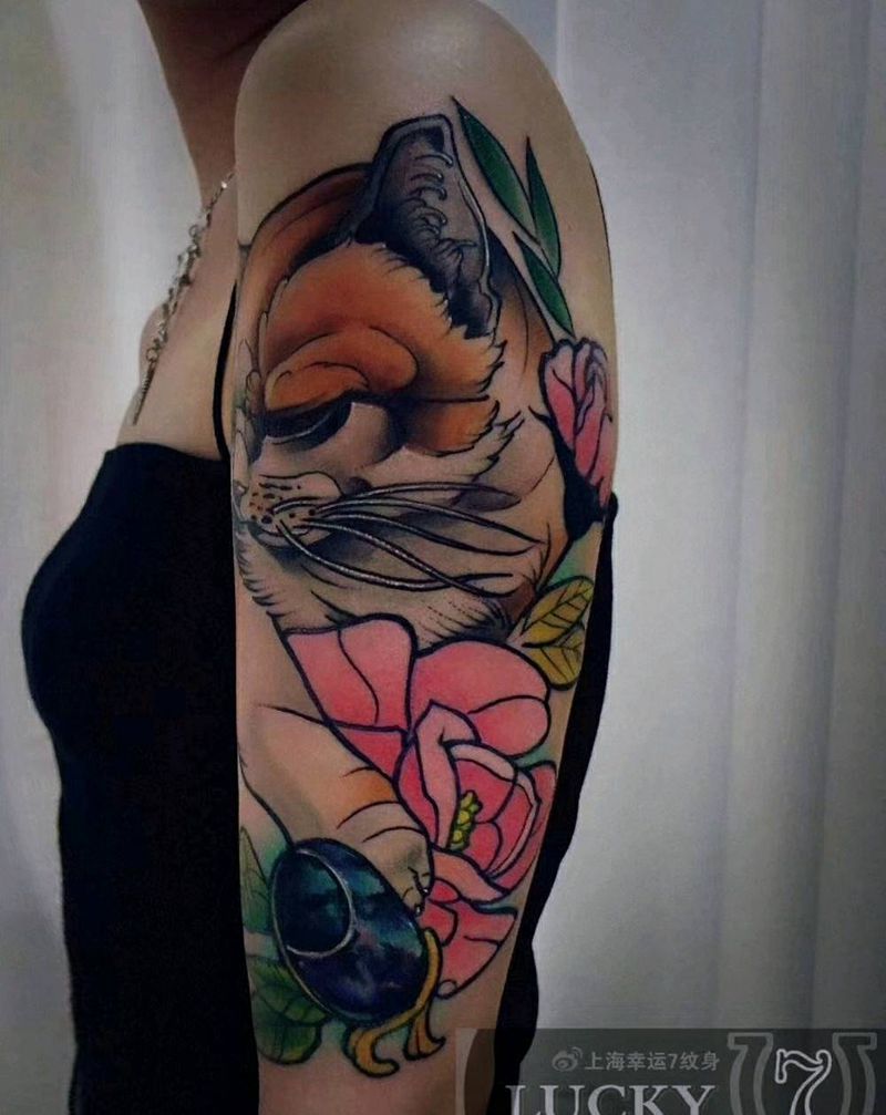 盖图|猫|幸运7纹身纹身图片_手臂New School遮盖纹身图案