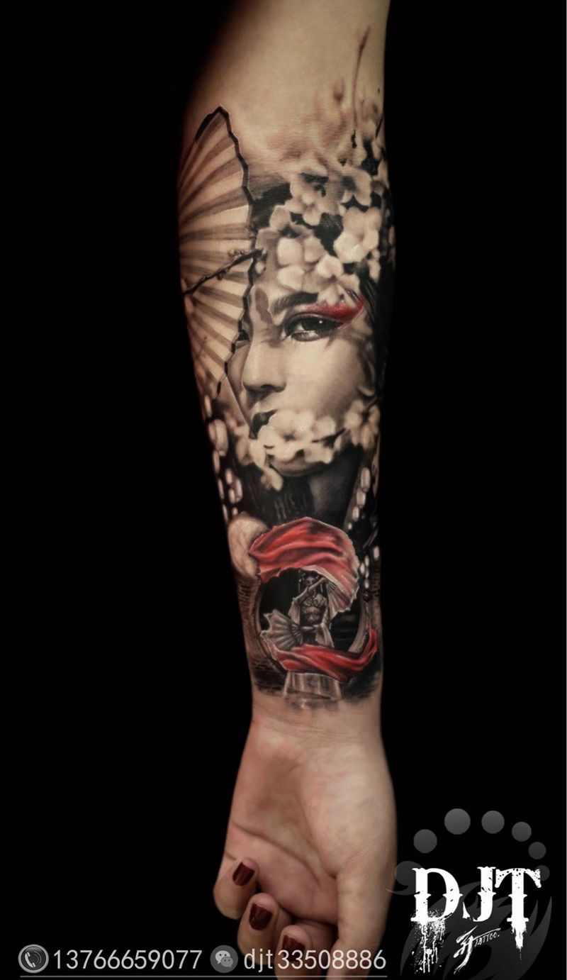 雕金堂 by 阿开纹身图片_成品手臂肖像写实欧美人物纹身图案