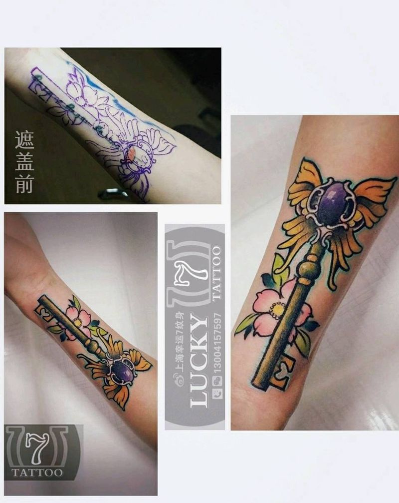 遮盖|金钥匙|幸运7纹身纹身图片_手臂New School盖图纹身图案