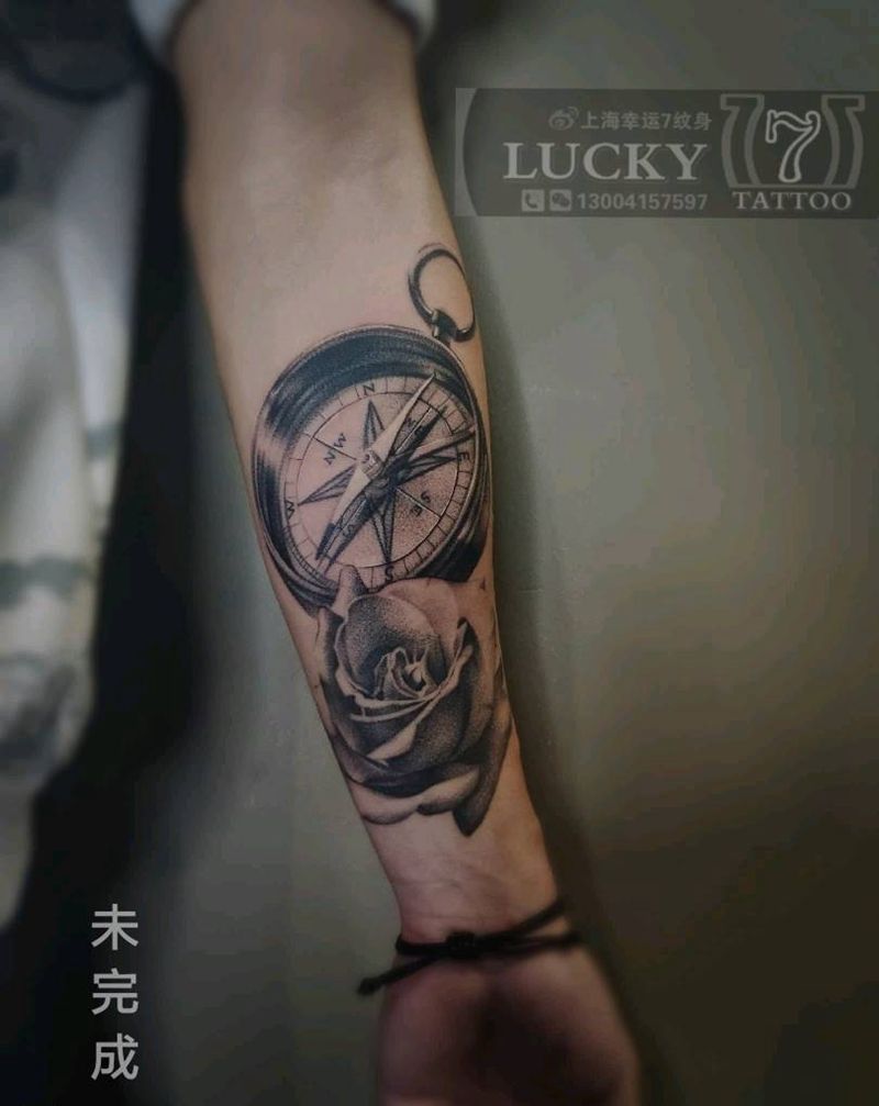 玫瑰指南针（未完成）纹身图片_手臂欧美写实未完成纹身图案