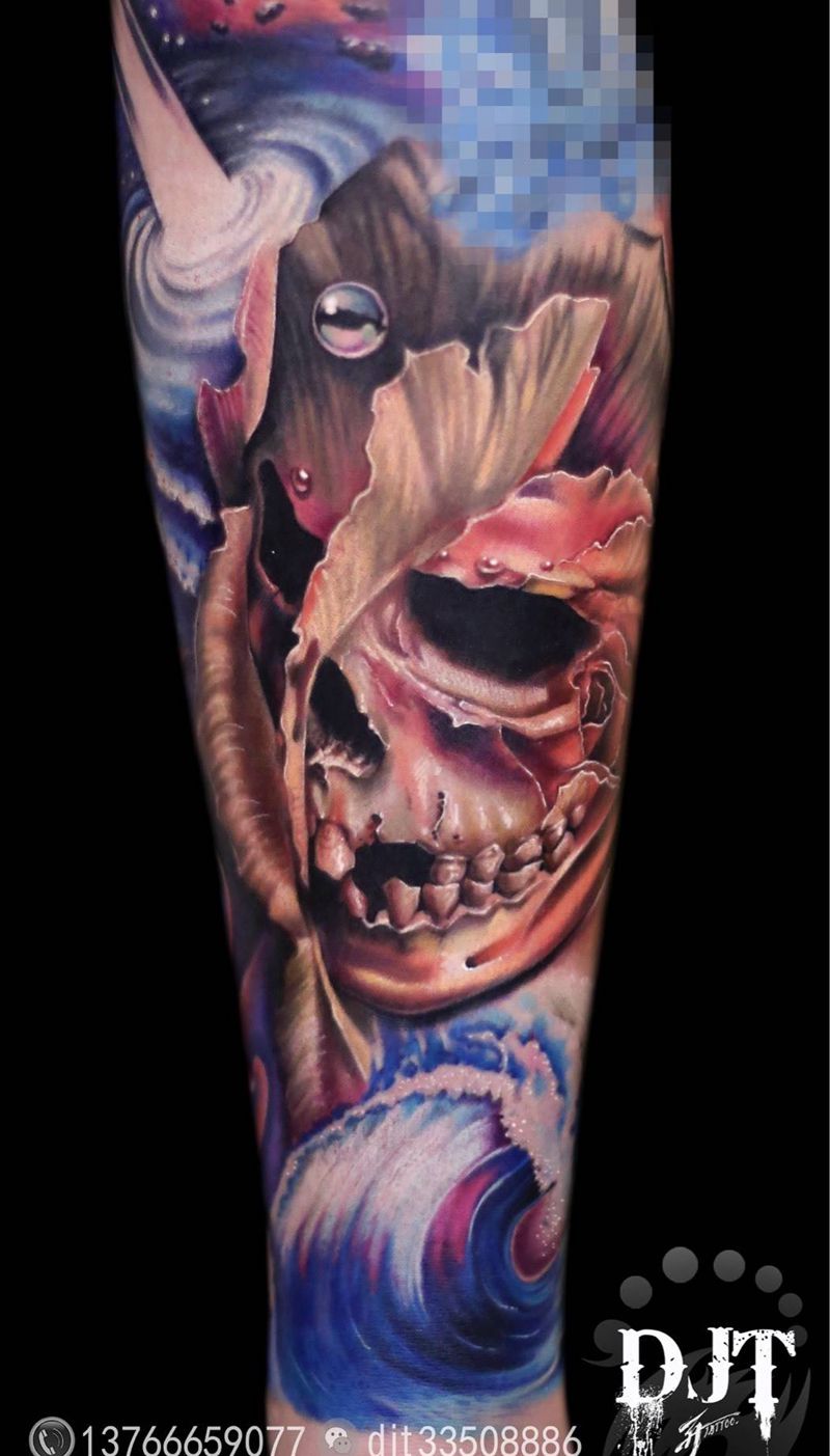重彩骷髅by阿开纹身图片