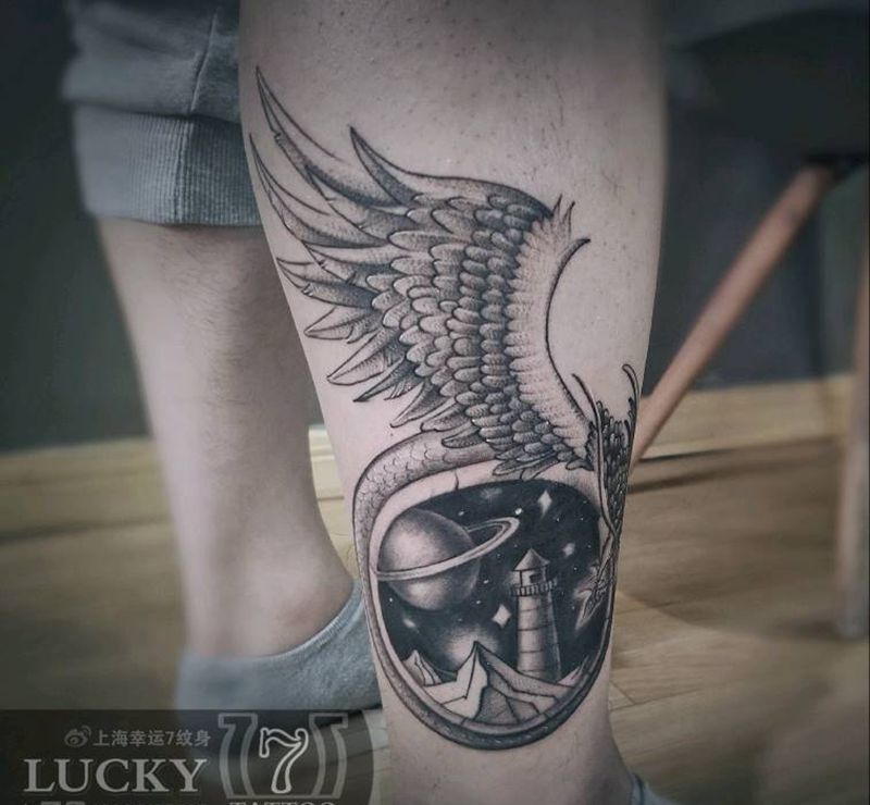 星空|衔尾蛇|幸运7纹身纹身图片_小腿纹身图案