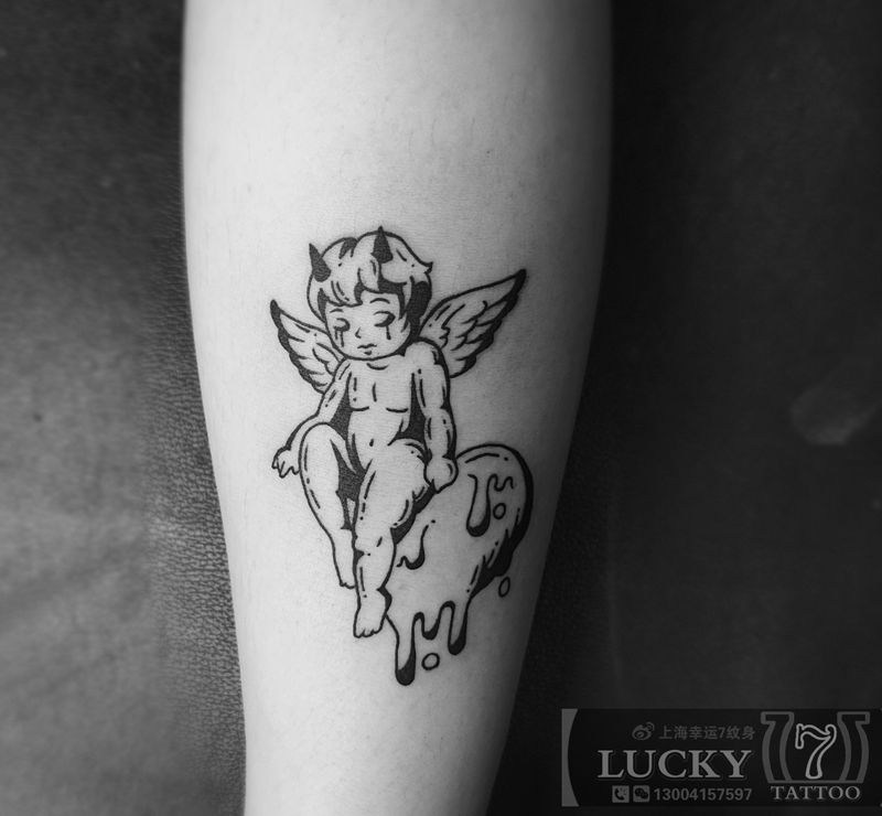 小天使|幸运7纹身纹身图片_图腾Old School小腿纹身图案