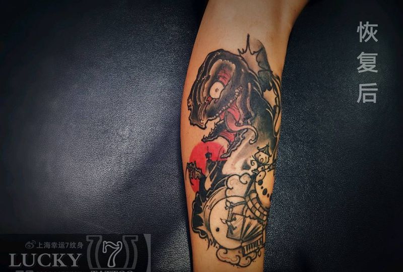 怪兽|雪人|幸运7纹身纹身图片_腿部New School恢复后纹身图案