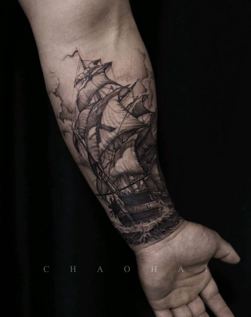 船纹身图片_手臂欧美写实纹身图案