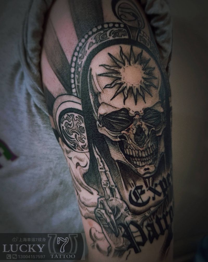 暗黑骷髅|幸运7纹身纹身图片_手臂暗黑纹身图案